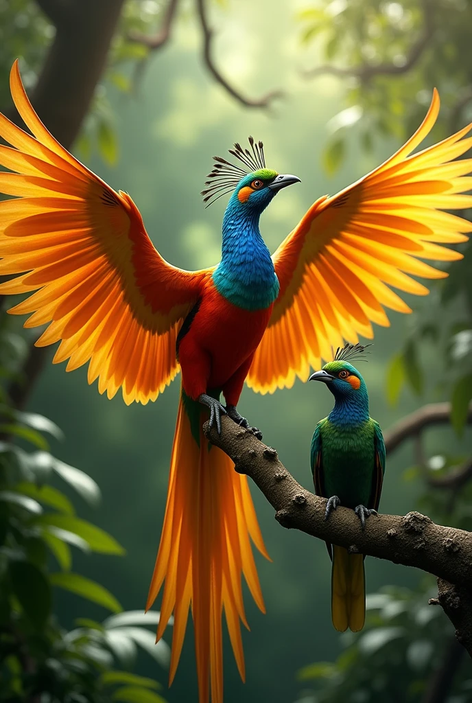 a male bird of paradise spreading its wings from a branch to fly,female bird of paradise next to male bird,using colors that personify the forest,with close-up perspective