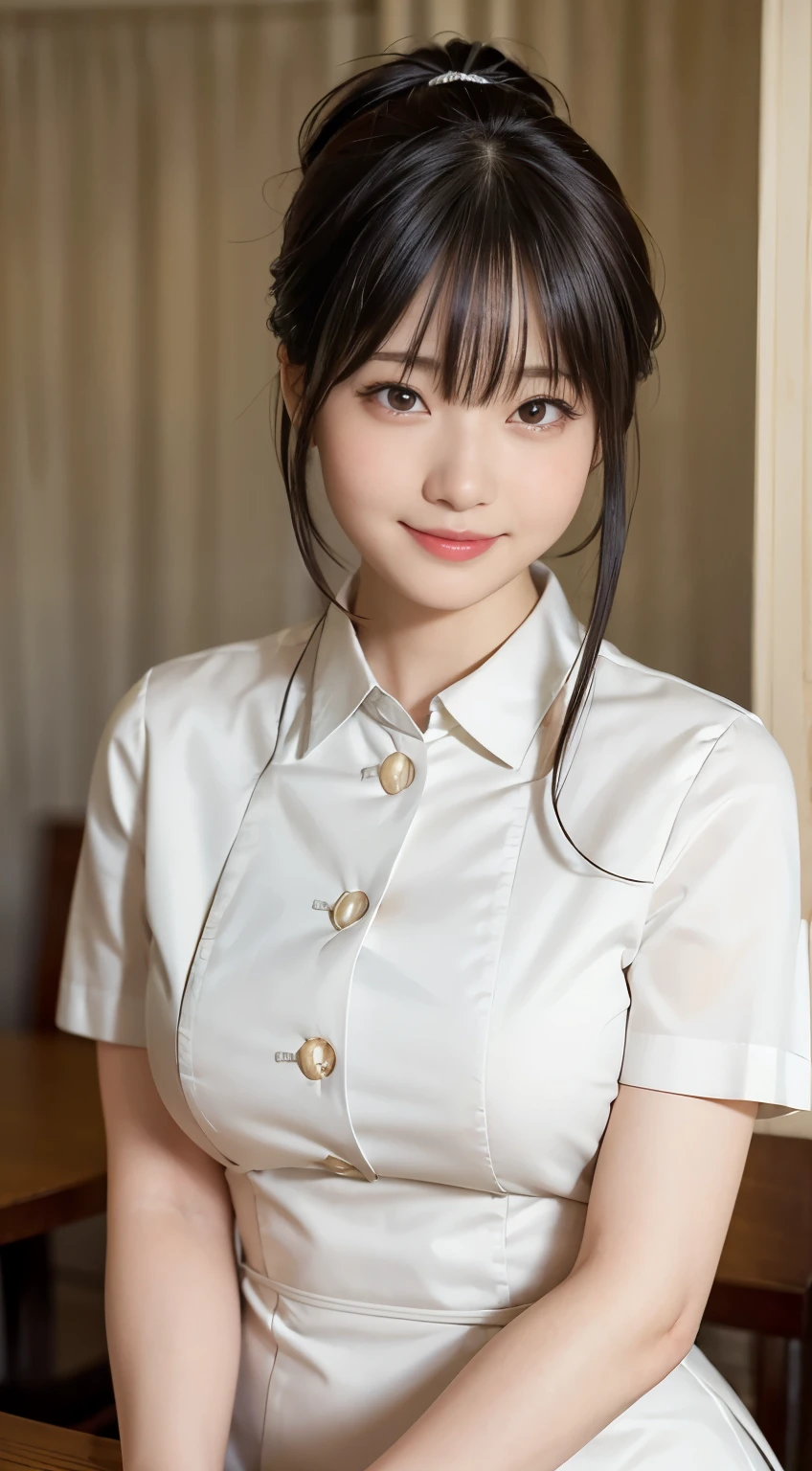 (Highest quality,masterpiece:1.3,Ultra-high resolution,),(Very detailedな,Caustics),(Photorealistic:1.4,RAW shooting,)Ultra-Realistic Capture,Very detailed,High resolution 16K human skin closeup。 Natural skin texture、,Pores、、、、It must be detailed enough to be easily identifiable。 Skin tone is even and healthy looking。 Use natural light and colour,restaurant,Waitress Uniform,1 girl,Japanese,1,cute,Black-haired,ponytail,Big Breasts,smile,Turn your body forward,(Front view:1.1),Looking at the camera,Cowboy Shot,