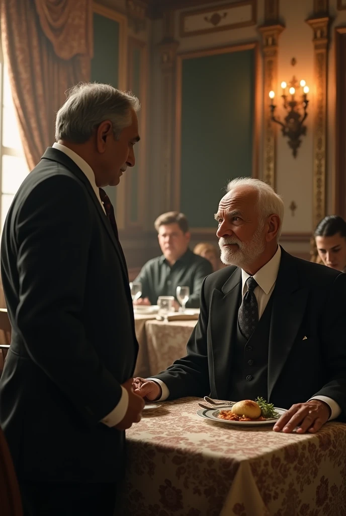One restaurant there is a old guy with white small hair with black suit. Tolkien to a indian waiter.