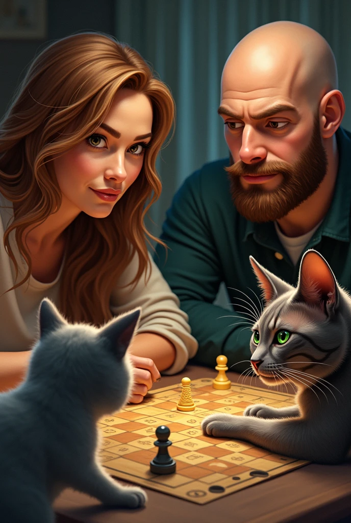 A picture of 2 people playing a board game, a 2 woman with wavy hair, chestnut with highlights, with brown eyes and dark skin, 2 bald man with beard and light brown skin, with coarse texture, of cats, a gray one with green hairy eyes , and a bald sphinx with green eyes, solo dos personas jugando juegos de mesa con los of cats