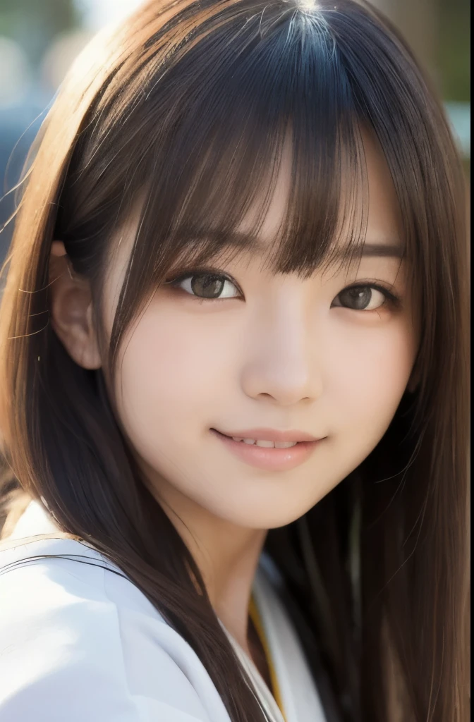 best quality, face focus, soft light, ultra high res, (photorealistic:1.4), RAW photo,(Shinozaki Ai), (fair skin), High school girl, 1 Japanese girl, solo, cute, smile, (pupil, lights in the eyes), detailed beautiful face, busty,(high resolution detail of human skin texture),long hair,(portrait), upper body, Japanese white kimono