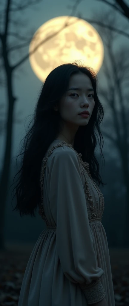 Highest quality、High resolution、Detailed Background、Realistic、RAW Photos、(Beautiful face in every detail:1.4)、Highly detailed face、Detailed eyes、Beautiful women in their 20s、Perfect body line、The charm of autumn nights and the mysticism of the moon、A sense of the inner depth of a woman、A romantic sight、
Autumn night blown by the night wind、wood々While gently swaying、A woman walking in the moonlight、
The woman has long black hair blowing in the wind and is wearing a muted dress.、Squinting my eyes and looking up at the moon、A pensive expression、The moon is full and shining a gentle light on the woman.、The skin illuminated by the moonlight is white、It's like the moon shines in your eyes、A slight smile appeared on the woman's lips.、It makes me feel something hidden deep inside my heart.、
A quiet autumn night、The woman gazing at the moon、Somehow ephemeral yet beautiful、It creates a somber atmosphere.、
The figure of a woman standing in nature、Illuminated by the moonlight、It's like a painting、very beautiful