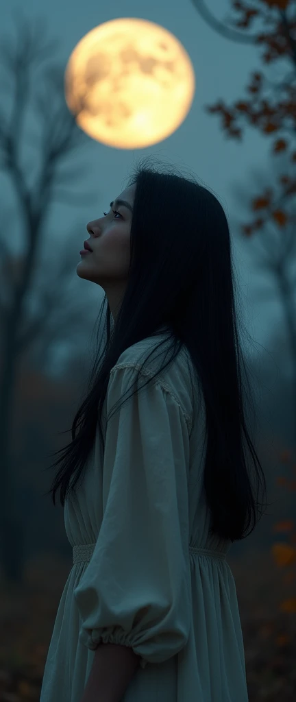 Highest quality、High resolution、Detailed Background、Realistic、RAW Photos、(Beautiful face in every detail:1.4)、Highly detailed face、Detailed eyes、Beautiful women in their 20s、Perfect body line、The charm of autumn nights and the mysticism of the moon、A sense of the inner depth of a woman、A romantic sight、
Autumn night blown by the night wind、wood々While gently swaying、A woman walking in the moonlight、
The woman has long black hair blowing in the wind and is wearing a muted dress.、Squinting my eyes and looking up at the moon、A pensive expression、The moon is full and shining a gentle light on the woman.、The skin illuminated by the moonlight is white、It's like the moon shines in your eyes、A slight smile appeared on the woman's lips.、It makes me feel something hidden deep inside my heart.、
A quiet autumn night、The woman gazing at the moon、Somehow ephemeral yet beautiful、It creates a somber atmosphere.、
The figure of a woman standing in nature、Illuminated by the moonlight、It's like a painting、very beautiful