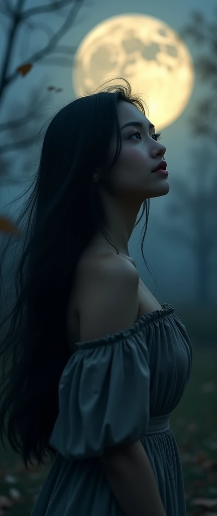 Highest quality、High resolution、Detailed Background、Realistic、RAW Photos、(Beautiful face in every detail:1.4)、Highly detailed face、Detailed eyes、Beautiful women in their 20s、Perfect body line、The charm of autumn nights and the mysticism of the moon、A sense of the inner depth of a woman、A romantic sight、
Autumn night blown by the night wind、wood々While gently swaying、A woman walking in the moonlight、
The woman has long black hair blowing in the wind and is wearing a muted dress.、Squinting my eyes and looking up at the moon、A pensive expression、The moon is full and shining a gentle light on the woman.、The skin illuminated by the moonlight is white、It's like the moon shines in your eyes、A slight smile appeared on the woman's lips.、It makes me feel something hidden deep inside my heart.、
A quiet autumn night、The woman gazing at the moon、Somehow ephemeral yet beautiful、It creates a somber atmosphere.、
The figure of a woman standing in nature、Illuminated by the moonlight、It's like a painting、very beautiful