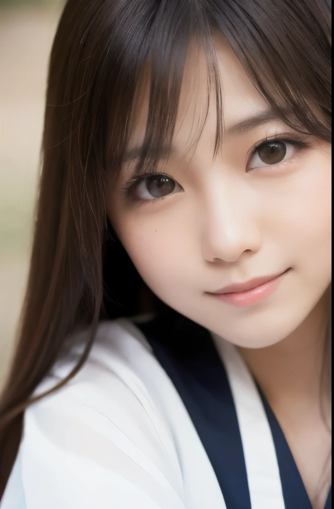 best quality, face focus, soft light, ultra high res, (photorealistic:1.4), RAW photo,(Shinozaki Ai), (fair skin), High school girl, 1 Japanese girl, solo, cute, smile, (pupil, lights in the eyes), detailed beautiful face, busty,(high resolution detail of human skin texture),long hair,(portrait), upper body, Japanese white kimono