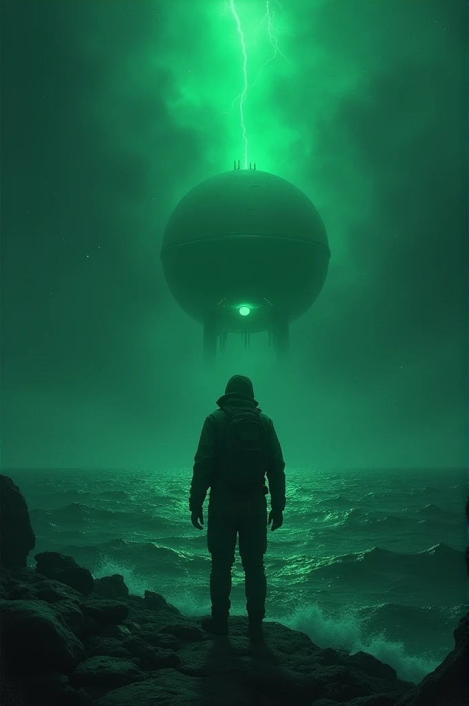 ((best quality)), ((masterpiece)), (detailed), When he finally reaches shore and tells his story, no one believes him. Yet, the terrifying experience of the floating alien base lingers in his mind, a mystery that will haunt him forever.
(night green)  (in the middle sea)