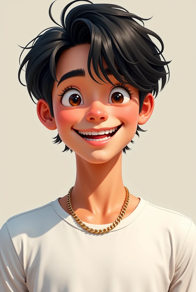 a male teenager, with straight black hair, with a gold chain, white blouse, Grinning, da Pixar
