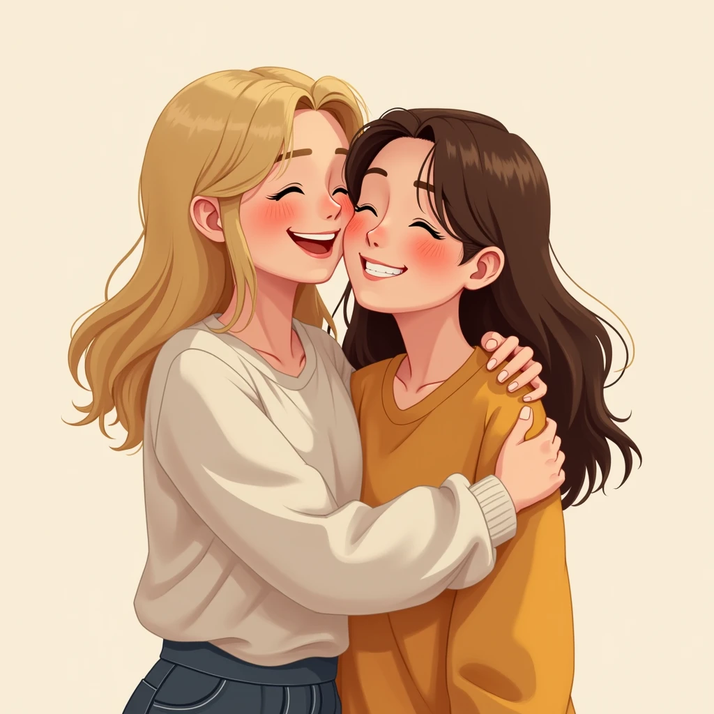 Blonde 20-years girl hugs her brown-hair friend, Png Image without background 