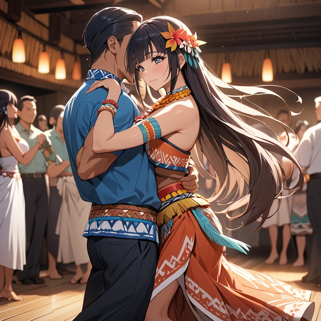 ((Highest quality)), ((masterpiece)), (detailed), （Perfect Face）、The woman is Reika Aoki, Polynesian, with semi-long hair.、A woman is wearing a Polynesian dance costume and dancing a Polynesian dance with a man.