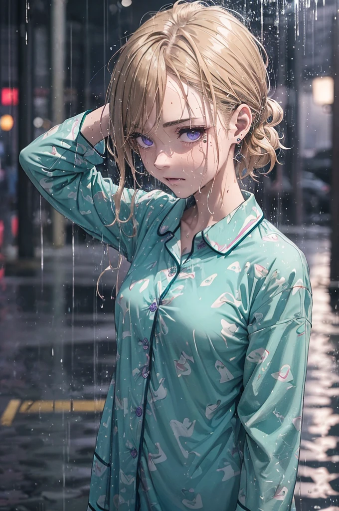 ((Teal coloured buttoned up pyjama shirt)), naked bottoms, wearing nothing but her shirt, 1girl, raining heavily, (patterned pyjamas), outside, short caramel-blonde hair sticking to her face, depressed purple eyes, teal coloured pyjama shirt, nighttime, very dark, soaking wet, wet through, wet clothes, almost naked, small breasts, outside at nighttime, in the streets, dark background, dark, very dark night, realistic colour, 1 colour shirt, soaking wet pyjamas, wet though, dripping wet, a hint of nipples, purple eyes, alluring depressed eye, cold dark night, flushed cheeks, braless, bare legs, bottomless,