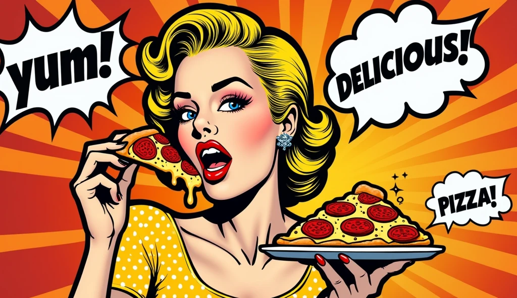 ((best quality)), ((mastAn artistic image of a woman eating a slice of pizza in the style of pop art. The woman has bold red lips, curly blonde hair, and wears a bright yellow polka-dot dress. The pizza is depicted with exaggerated cheese drips and pepperoni slices. The background features vibrant comic-style graphics with speech bubbles saying "Yum!" and "Delicious!". The colors are highly saturated, with strong contrasts and thick black outlines. Inspired by the works of Roy Lichtenstein, with a dynamic composition and playful, energetic vibe. Mid-century modern art style, 300 DPI.
erpiece)), (detailed), 1girl, off-shoulder sweater,