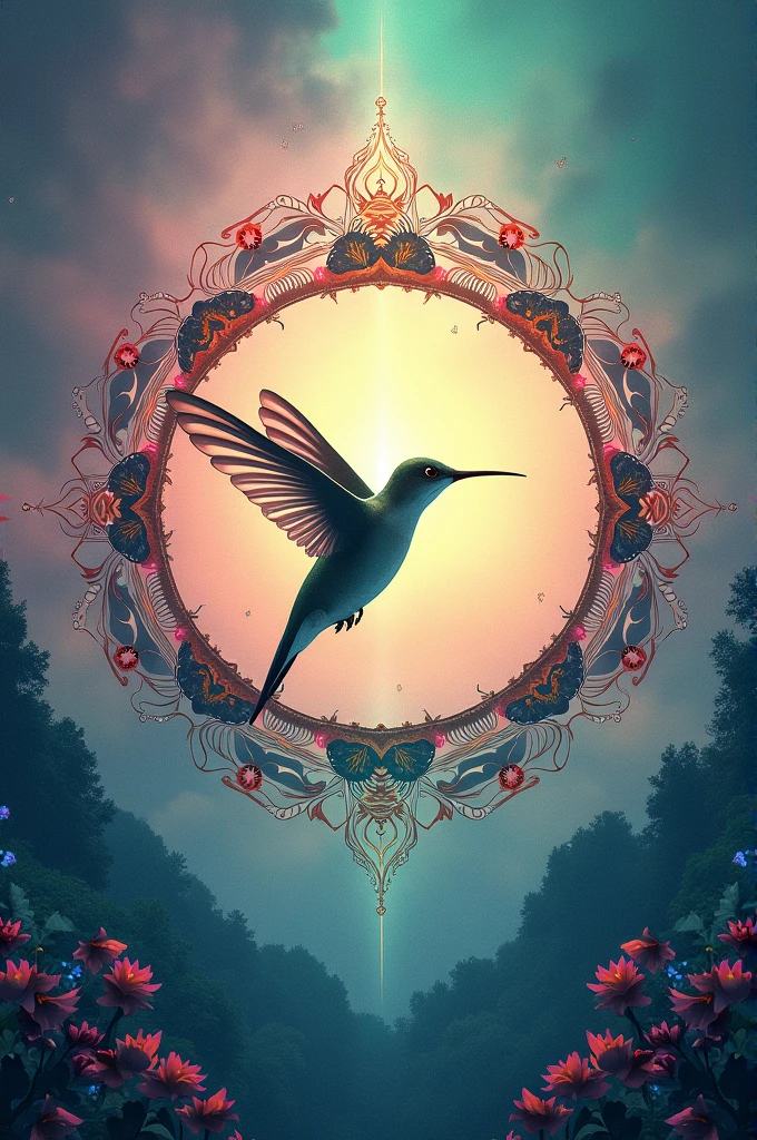 Image of a green and pink mandala written Hummingbird sky With the image of a hummingbird inside the mandala
