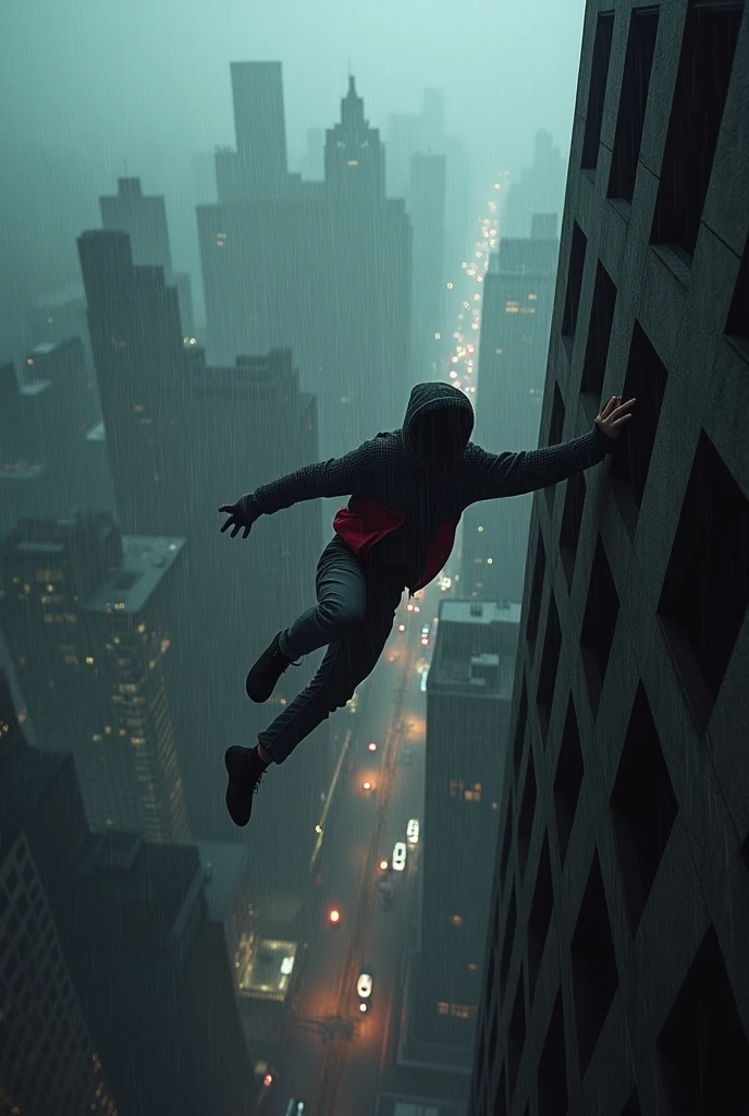 A boy wearing a black and red hoodie is falling from the top of a building. His face is not visible, and he is not looking at the camera. The camera has captured the scene from above. At the bottom of the building, there are cars and people, with a dark sky and heavy rain clearly visible in the background.
