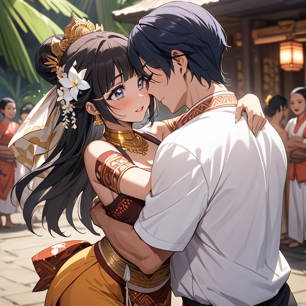 ((Highest quality)), ((masterpiece)), (detailed), (Perfect Face)、The woman is Aoki Reika, a brown-skinned Indonesian with semi-long hair.、A woman is dancing a Balinese dance in a Balinese costume in Bali, Indonesia, and is embraced and proposed to by a man.