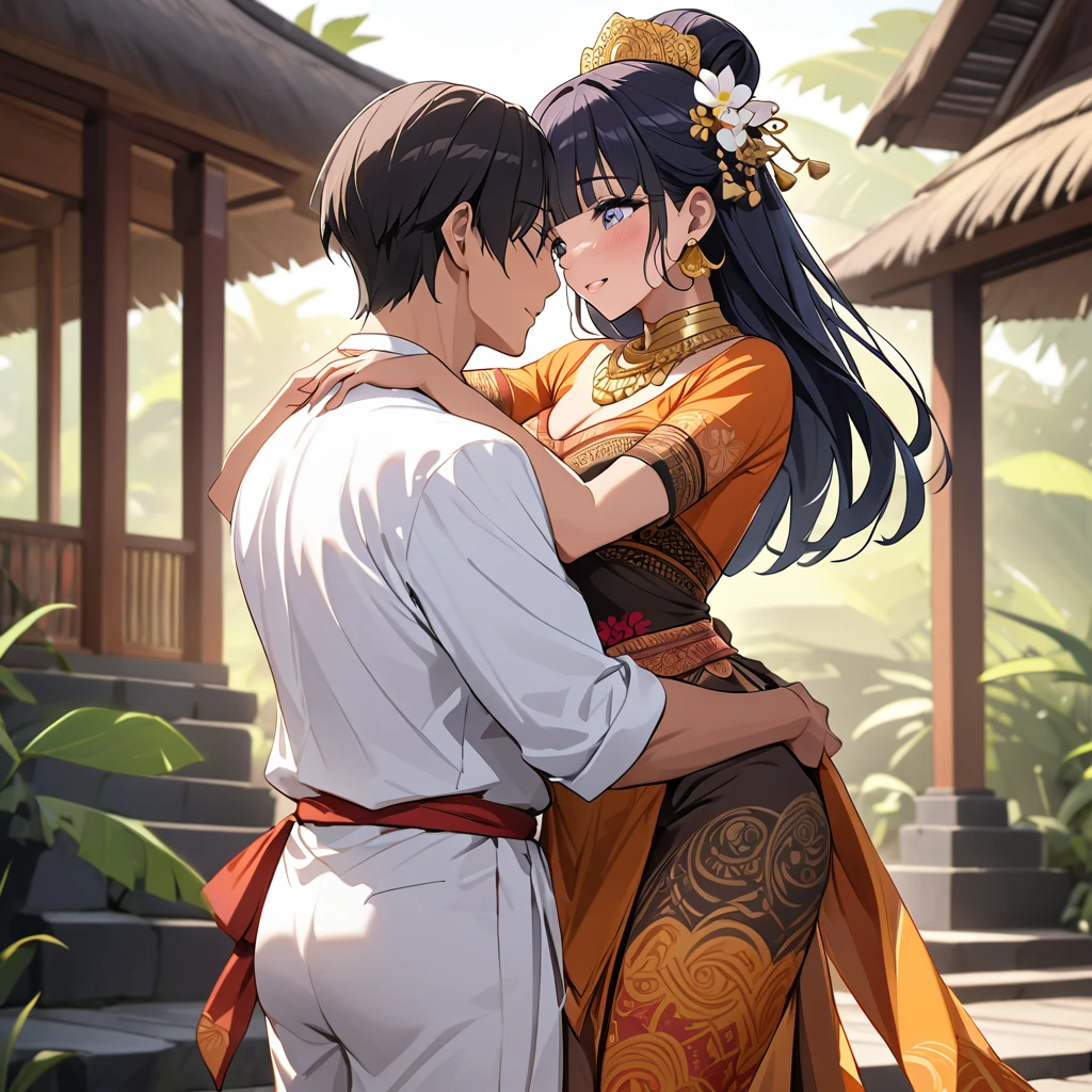 top-quality, masterpiece, full body shot, Male and female couple, Girl standing in a waterfall, completely naked, (((naked, nsfw, bare skin))), long flowing black hair in waves, gold jewelry, necklace, earrings, Boy hugging girl tightly from behind, boy has crew cut hair, Without glasses、Revenge relationship, highly erotic, orgasmic expression, foreplay, squeezing breasts, fondling, sweating, aftersex