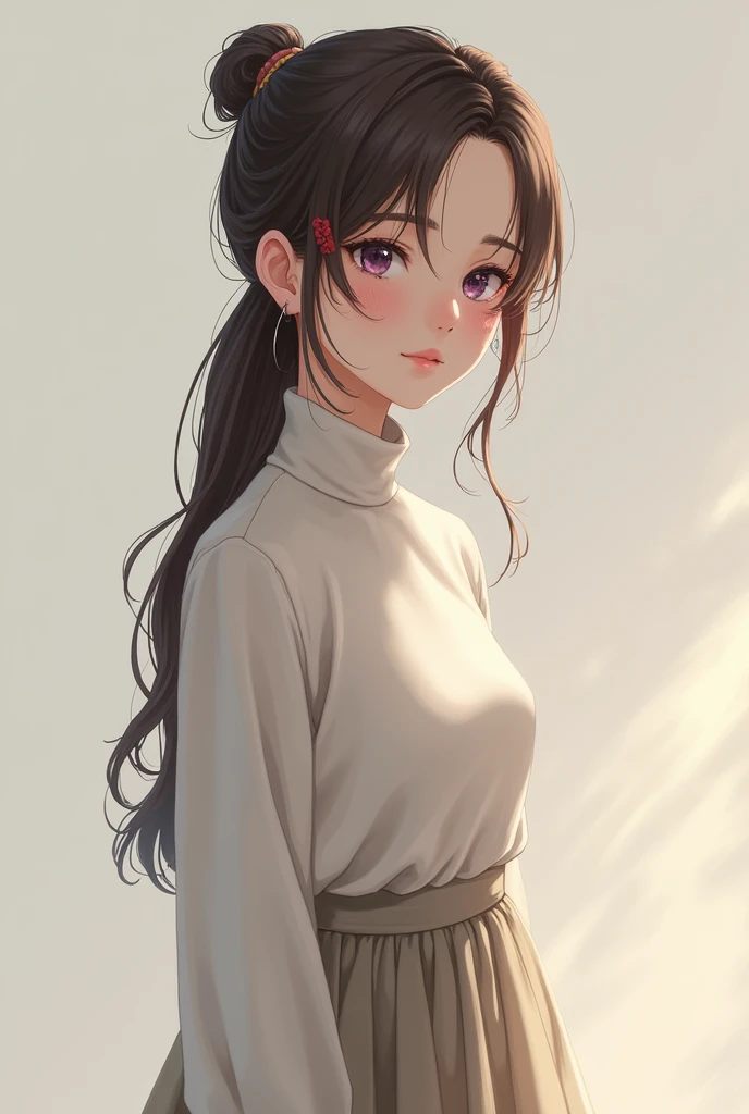 Beautiful 1 girl with innocent face,great shyness in their fractions,long brown hair held back with a rubber band. violet eyes,shy exoresion. Wear a simple long-sleeved turtleneck sweater,covers his entire body, long skirt that covers her legs. Whole body