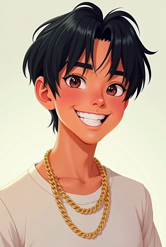 a male ager, with straight black hair, with a gold chain, white blouse, Grinning, da Pixar