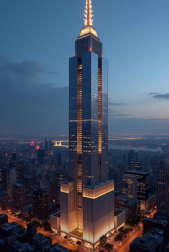 Make a 130 story skyscraper in NYC that is made out of stone and has huge windows that has long tiles that light up at night. Make it thinner and make the top into a pyramid like shape(only the top though)