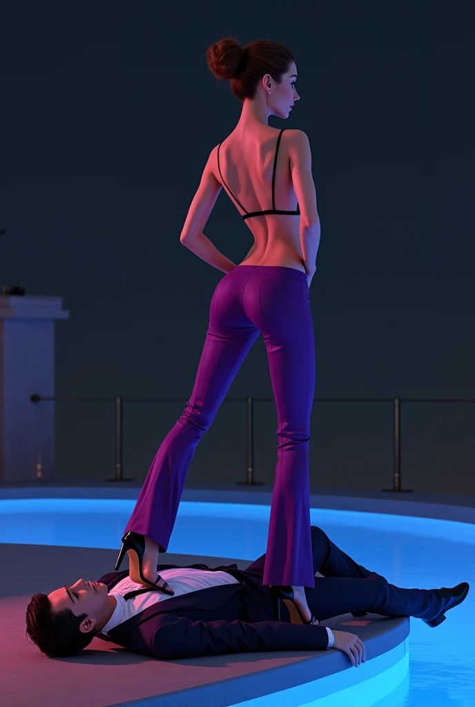 Mistress walking on man's body ,Beautiful Mistress,brown bun hairs, wearing purple boot-cut pants, wearing purple underwear, wearing black sandals, handsome man, man wearing suit, pool , night
