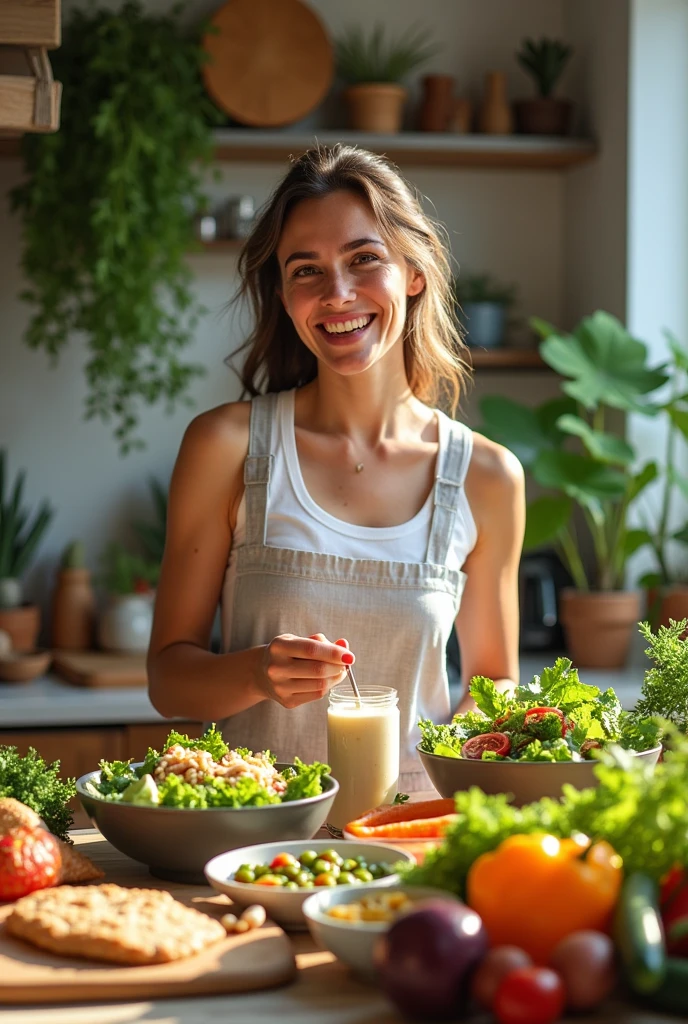 A panoramic, vibrant banner image showcasing a diverse array of colorful, healthy, and delicious dietary dishes alongside a smiling woman enjoying the process of healthy cooking. The scene is set on a rustic wooden table, adorned with fresh herbs, vibrant vegetables, and cooking utensils. The dishes featured include salads, bowls, smoothies, lean protein options, and whole-grain alternatives. The woman, radiating health and vitality, is either interacting with the food (e.g., preparing a salad, tasting a smoothie) or simply enjoying the abundance of healthy options before her. The overall atmosphere is bright, inviting, and inspiring, conveying the joy and ease of healthy eating.
Lighting: Soft, natural light streams in from the side, casting gentle shadows and highlighting the fresh ingredients, vibrant colors of the dishes, and the woman's healthy glow.
Composition: Utilize the rule of thirds to create a balanced and visually engaging composition. The woman and the dishes are arranged harmoniously on the table, drawing the viewer's eye across the banner and creating a natural focal point.
Details:
Include a variety of dietary dishes to represent different preferences and needs: vegetarian, vegan, gluten-free, paleo, keto, etc.
Feature fresh, colorful ingredients: leafy greens, vibrant vegetables, lean proteins, whole grains, nuts, and seeds.
Incorporate elements that suggest healthy eating and lifestyle: measuring cups, cutting boards, recipe books, yoga mats, water bottles, etc.
Ensure the woman appears happy, healthy, and relatable, embodying the positive aspects of a healthy lifestyle.
Capture a sense of joy and vitality associated with healthy cooking and eating.
Style: Photorealistic, with a focus on food photography aesthetics and lifestyle imagery. Aim for a high-resolution image with exceptional detail and clarity.