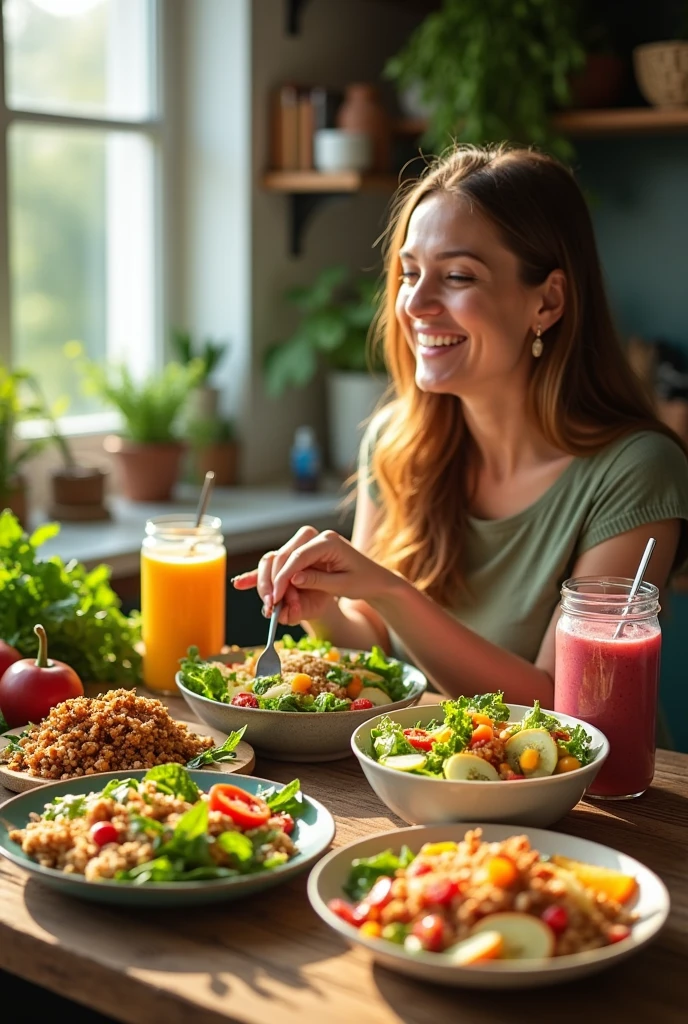A panoramic, vibrant banner image showcasing a diverse array of colorful, healthy, and delicious dietary dishes alongside a smiling woman enjoying the process of healthy cooking. The scene is set on a rustic wooden table, adorned with fresh herbs, vibrant vegetables, and cooking utensils. The dishes featured include salads, bowls, smoothies, lean protein options, and whole-grain alternatives. The woman, radiating health and vitality, is either interacting with the food (e.g., preparing a salad, tasting a smoothie) or simply enjoying the abundance of healthy options before her. The overall atmosphere is bright, inviting, and inspiring, conveying the joy and ease of healthy eating.
Lighting: Soft, natural light streams in from the side, casting gentle shadows and highlighting the fresh ingredients, vibrant colors of the dishes, and the woman's healthy glow.
Composition: Utilize the rule of thirds to create a balanced and visually engaging composition. The woman and the dishes are arranged harmoniously on the table, drawing the viewer's eye across the banner and creating a natural focal point.
Details:
Include a variety of dietary dishes to represent different preferences and needs: vegetarian, vegan, gluten-free, paleo, keto, etc.
Feature fresh, colorful ingredients: leafy greens, vibrant vegetables, lean proteins, whole grains, nuts, and seeds.
Incorporate elements that suggest healthy eating and lifestyle: measuring cups, cutting boards, recipe books, yoga mats, water bottles, etc.
Ensure the woman appears happy, healthy, and relatable, embodying the positive aspects of a healthy lifestyle.
Capture a sense of joy and vitality associated with healthy cooking and eating.
Style: Photorealistic, with a focus on food photography aesthetics and lifestyle imagery. Aim for a high-resolution image with exceptional detail and clarity.