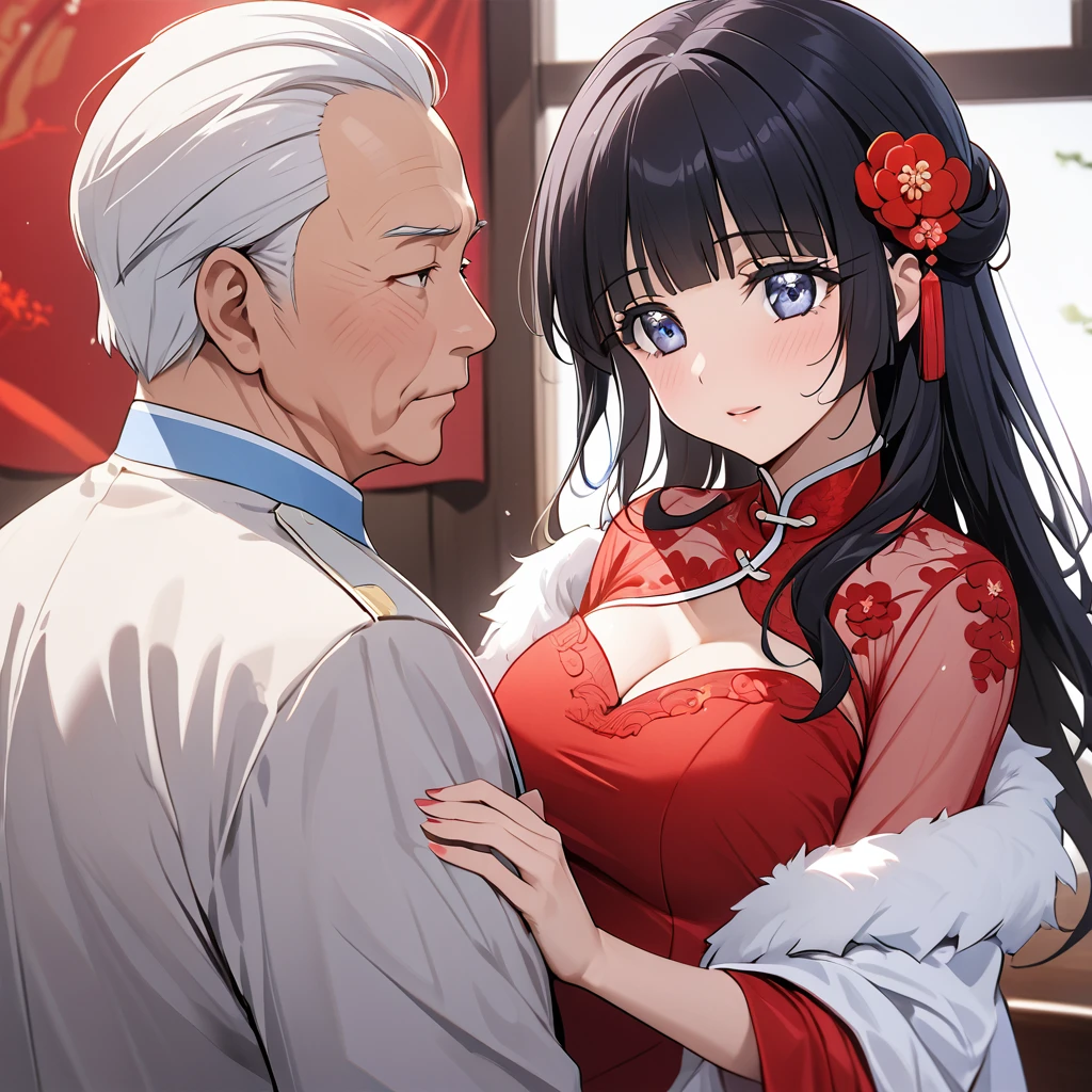 ((Highest quality)), ((masterpiece)), (detailed), (Perfect Face)、The woman is Aoki Reika, with medium-long hair, wearing a red Chinese wedding dress and an engagement ring.、The woman marries a middle-aged man who is a member of the Chinese Communist Party, becomes his wife, and becomes Chinese.