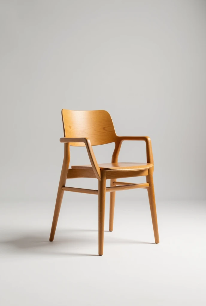 The chair will be made of brown pine wood., ideal for interiors, with a comfortable and ergonomic design. The rear legs will have a greater angle for more stability., and the front ones will maintain a lower inclination. The backrest will be high for better back support., This chair will have armrests. Although light, The structure will be reinforced to support weight, and its height will be suitable for raised tables. This chair combines interior design and functionality.