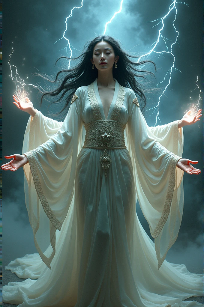 Oriental woman with four arms and ancient dress of electricity