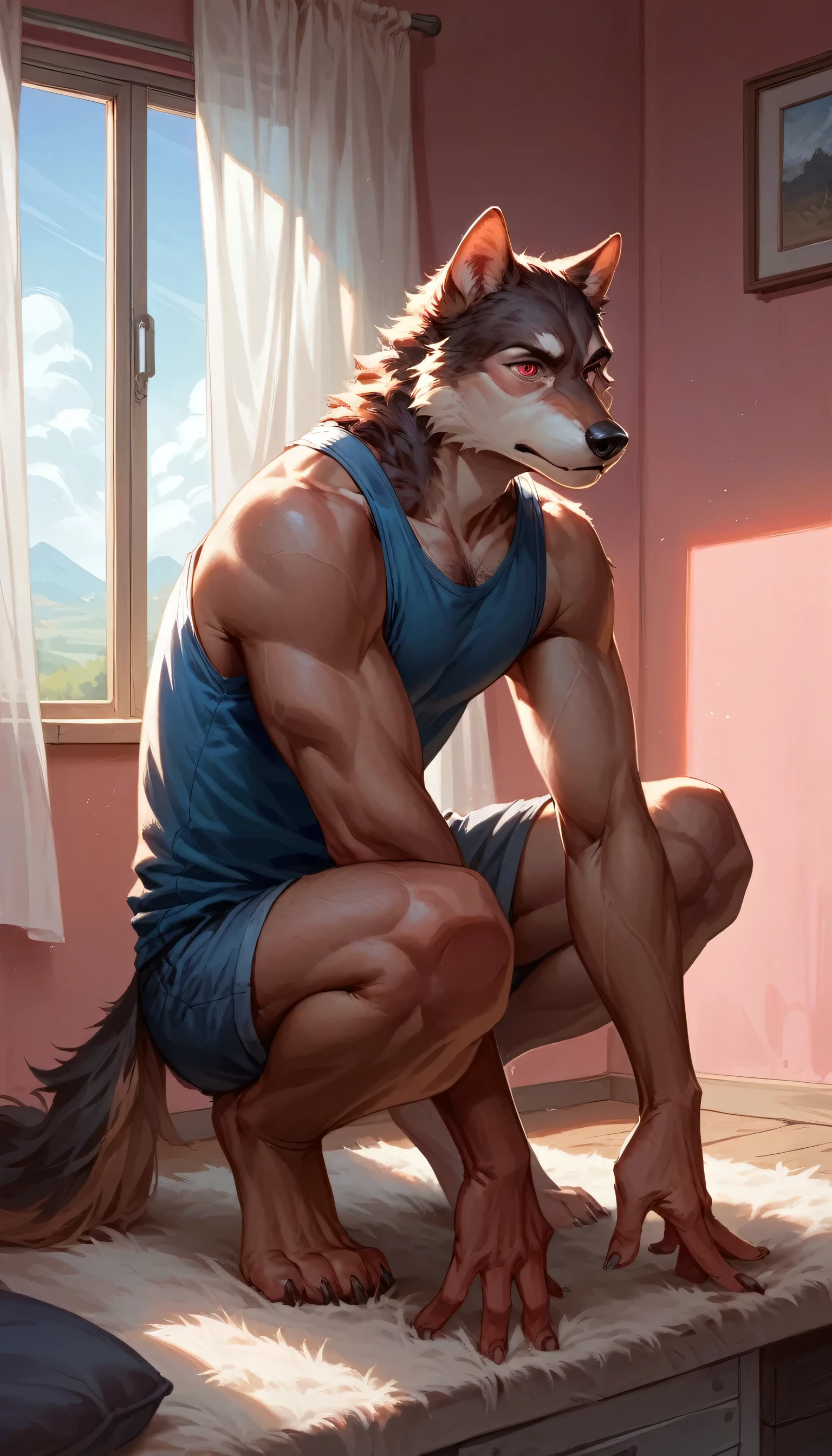 male wolf, squatting posture, hairy red eyes, half naked, Cowboys, sky blue tank in a pink room, Windows, White curtains