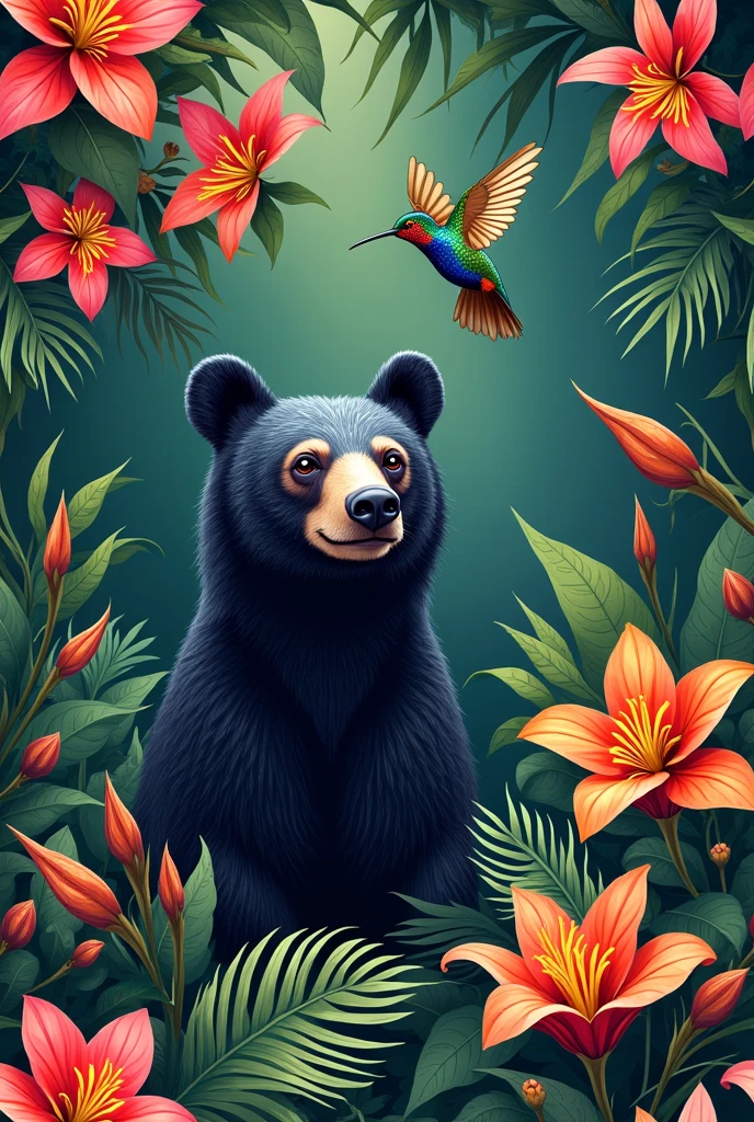 make a pattern containing ocobo flowers, wax palms, spectacled bear, hummingbird.