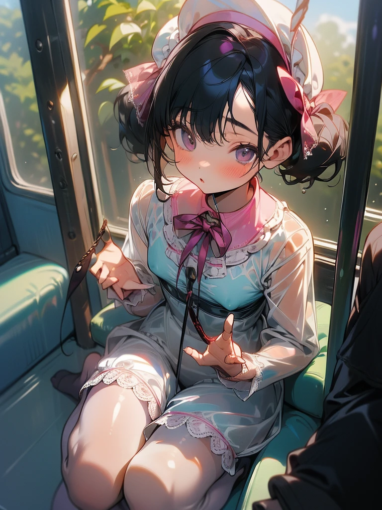 ((Rope Bondage:1.35)),((Pink twin tails and ribbon)),((Ultra-high resolution:1.5)),((super detail:1.4)),((Highest quality)), ((masterpiece)), Perfect Face,Shiny Hair,A shy smile,Japanese,,Chubby,Nipples,Sweat,cute,Summer festival,White yukata,Lie,Sweat,Wet lower body,ðĶdrenched,(((Sexy see-through lingerie for women,Shiny bodysuit,Smooth and silky clothing,Trimmed combination,Lace Stockings,Erotic leash,pajamas))),(((Open your mouth and show your tongue:0))),(((Tehepero))),A bustling morning scene inside a women-only car on a JR train in Japan during rush hour. The train is packed with passengers, yet thereâs a sense of order and calm among the crowd. Several young girls, dressed in cute kindergarten uniforms with small backpacks, stand close to their mothers, holding onto them or the train's handrails for support. The girls wear matching hats, some in bright yellow and others in pastel pink, with little charms hanging from their bags. The mothers, dressed in casual but neat attire, ensure their daughters are safe and comfortable, gently holding their hands or guiding them to stand securely. Despite the crowded space, thereâs a warm, nurturing atmosphere as the mothers and daughters chat quietly or look out the windows. The train car is filled with the soft hum of conversations and the occasional giggle from the young girls, capturing a typical morning commute in the city.