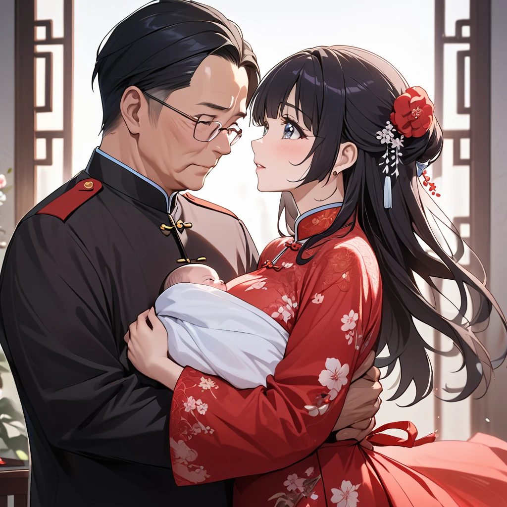 Period drama manga style　A 15-year-old super beautiful Chinese girl with black hair in a bun cut(1 person)　She is wearing a royal long-sleeved Chinese dress　She takes a bath with the perverted old man emperor　She cries