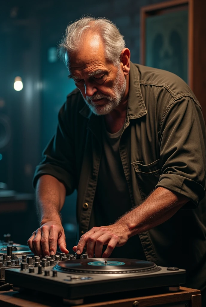 Older DJ with his head down