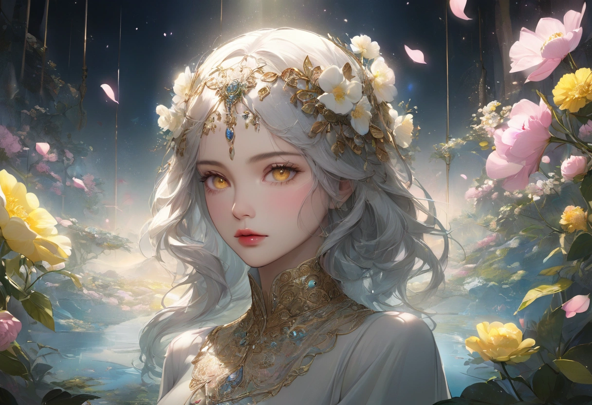 Rape flower landscape, bright canvas, The petals are fluttering, Transparent holographic reflection, A surreal landscape made of flower petals, Leaves viewers speechless, A beautiful world, 1 Uzbek woman, detailed eyes, Yellow eyes, detailed lips, very detailed face, long eyelashes, Beautiful and detailed portraits, elegant, tranquil expression, spring, high quality, 8k, realistic, surrealist, studio lighting, Physically Based Rendering, vivid colors, movie lights, dramatic lighting, soft lighting, dramatic contrast, clear, ethereal, dreamlike, mysterious, magical, fancy, concept art