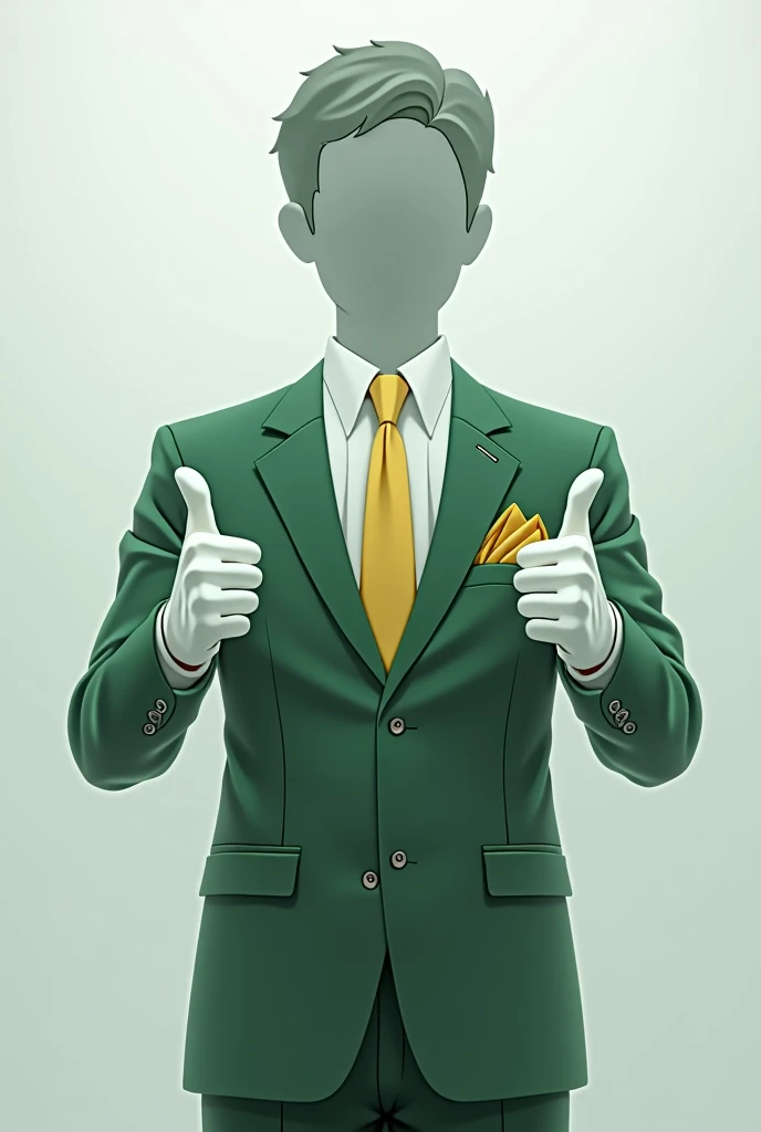 I would like an image of an invisible humanoid with the silhouette of a human from the waist up.. He should be wearing a green suit, white shirt and yellow tie. The background should be a neutral environment, white and well lit. The man's hair must be combed to the side and he must wear white gloves and a yellow detail like a handkerchief or something like that in his jacket pocket., making a thumbs up sign with both hands and looking at the camera The camera should be at eye level capturing half of the body, and the image must be in high resolution.