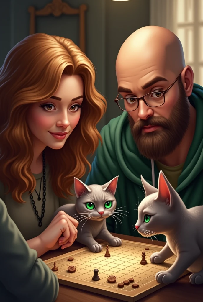 A picture of 2 people playing a board game, a 2 woman with wavy hair, chestnut with highlights, with brown eyes and dark skin, 2 bald man with beard and light brown skin, with coarse texture, of cats, a gray one with green hairy eyes , and a bald sphinx with green eyes, solo dos personas jugando juegos de mesa con los of cats