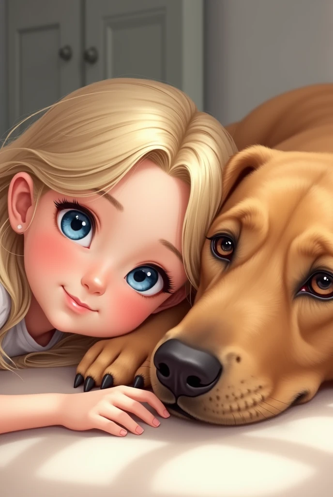 A close-up digital illustration of a young girl with long, wavy blonde hair, gazing directly at the viewer with bright blue eyes and a gentle smile. She is lying down with her face close to a golden-brown dog with a smooth coat. The dog has heterochromia, one eye being blue and the other brown, adding a unique charm to its appearance. Both the girl and the dog are lying on a soft surface, such as a bed, with their heads close together, looking directly at the viewer. The background is softly blurred, creating a warm and intimate indoor atmosphere. The lighting is soft and natural, emphasizing the gentle, affectionate bond between the girl and the dog.
