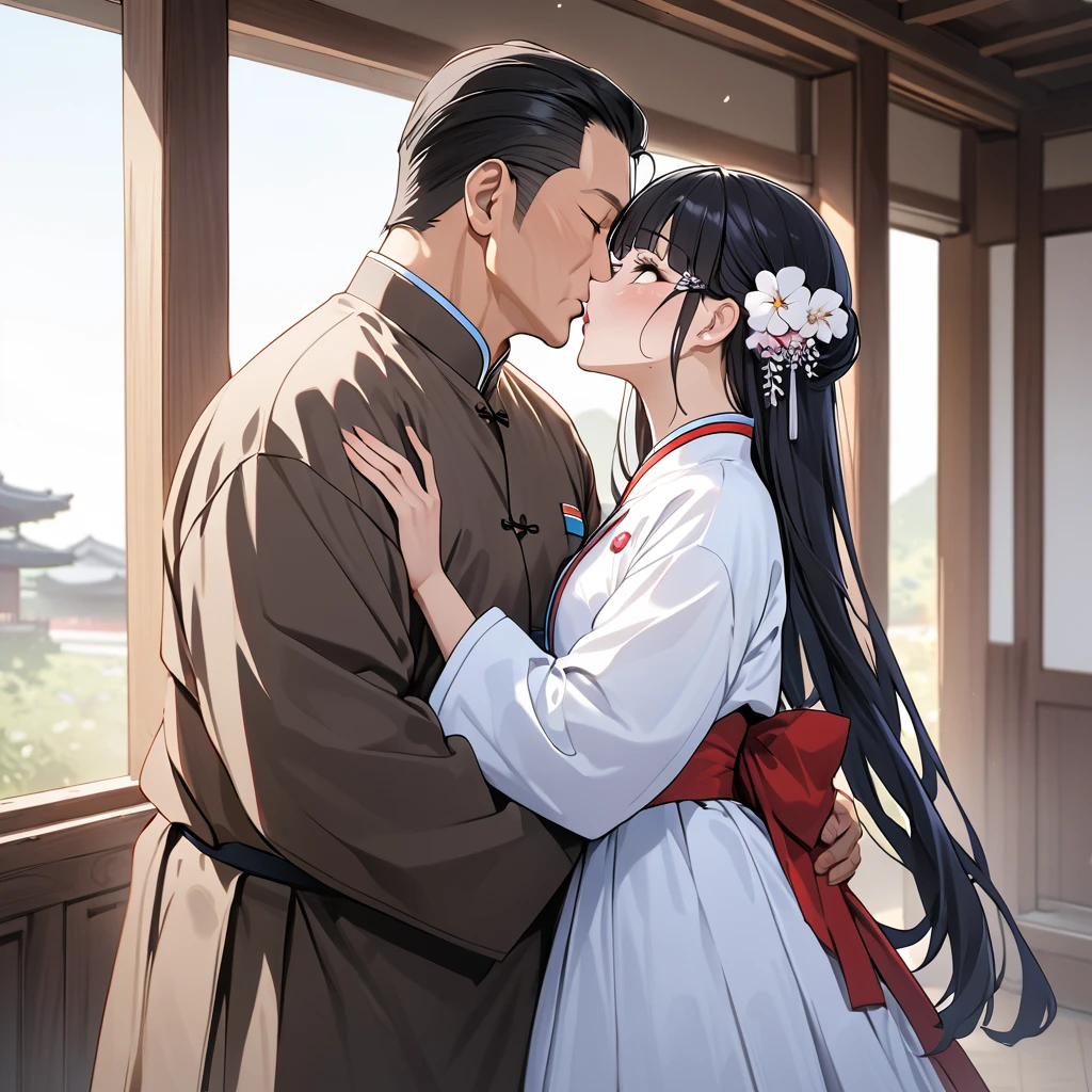 ((Highest quality)), ((masterpiece)), (detailed), （Perfect Face）、The woman is Reika Aoki with semi-long hair、The woman is wearing a North Korean traditional traditional dress and is holding a kiss and vows with a middle-aged North Korean man to get married.