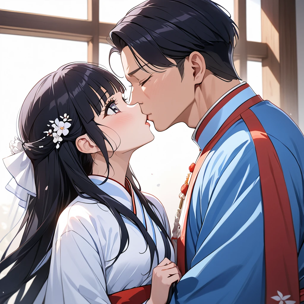 ((Highest quality)), ((masterpiece)), (detailed), (Perfect Face)、The woman is Reika Aoki with semi-long hair、The woman is wearing a North Korean traditional traditional dress and is holding a kiss and vows with a middle-aged North Korean man to get married.