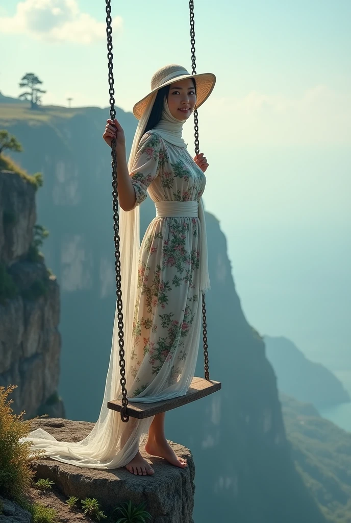 A asian woman with long hijab flowing wearing long floral dress jeans calm, wearing large hat, playing on a swing on the edge of a scary cliff, face Smilling looking at the camera