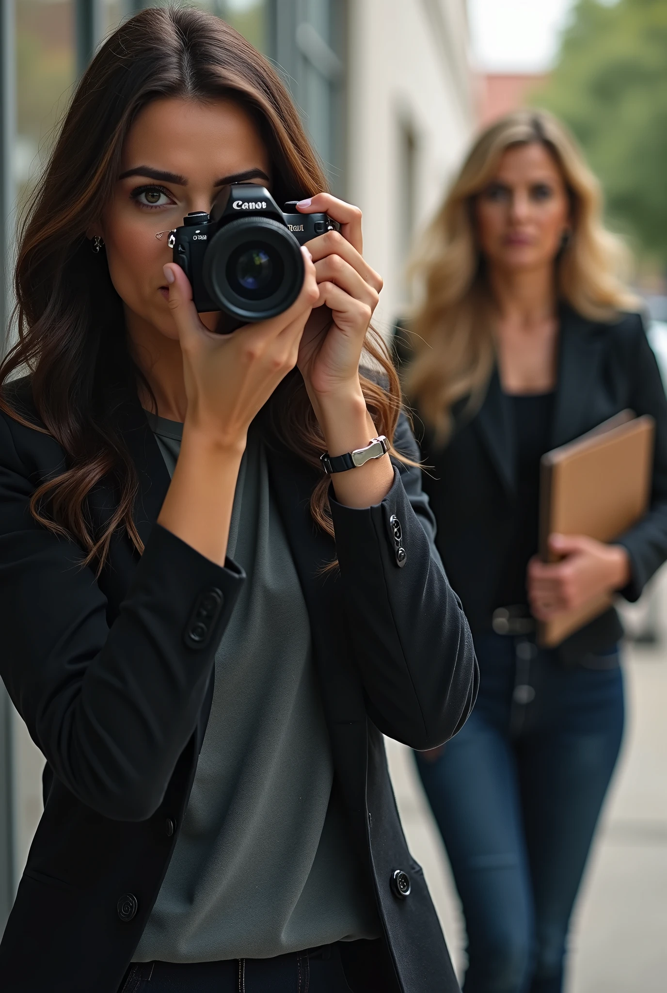 Two women. A brunette woman with a camera in her hand in position to take a photo, journalist. In the background a blonde woman with a portfolio in her arms.