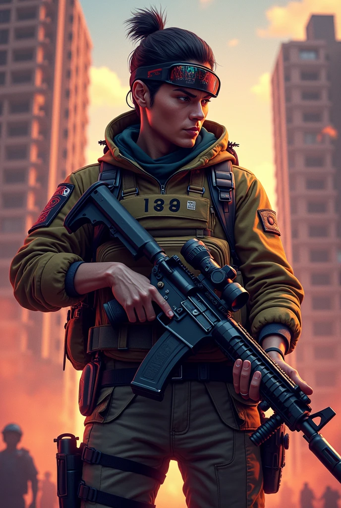 CCCPposter, soviet poster, poster , sovilet, flag, field,red sky, uniform,masterpiece, best quality, highres, 1boy, solo, emet selch, white streaked hair, black hair photorealistic, serious ,(holding weapon, holding rifle,aiming,aim:1.2), gun, h&k hk416,(cyberpunk) (neon)
