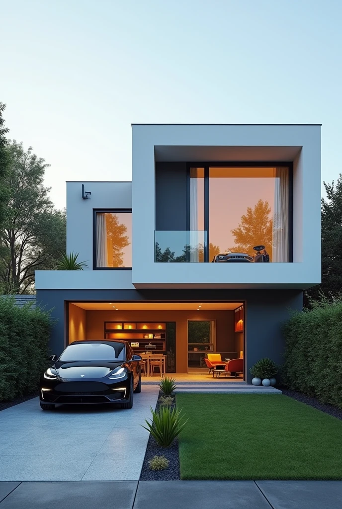 Automated home with Alexa and Siri and a Tesla parked in the garage
