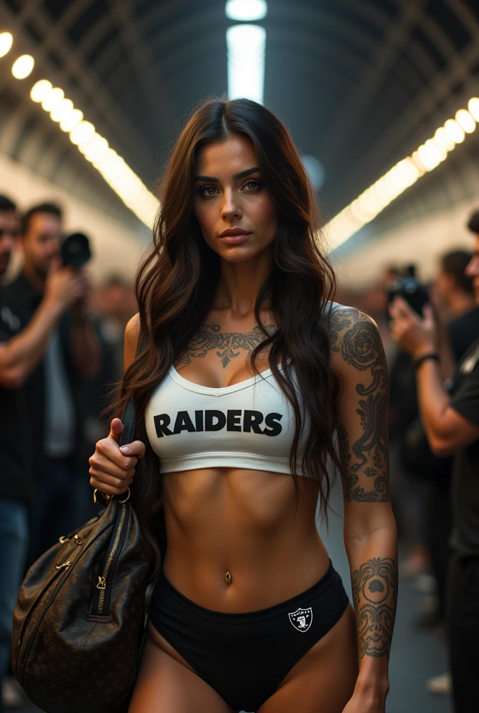 A natural white female, with long wavy brownish black hair, lashes, plump lips, tattoos, flawless eyebrows, walking in a luxurious Raiders matte black football tunnel with beige LED lights, wearing a white metallic raiders crop top, carrying a Louis Vuitton duffel bag, amidst paparazzi and camera flashes, at nighttime with stadium lights shining down.