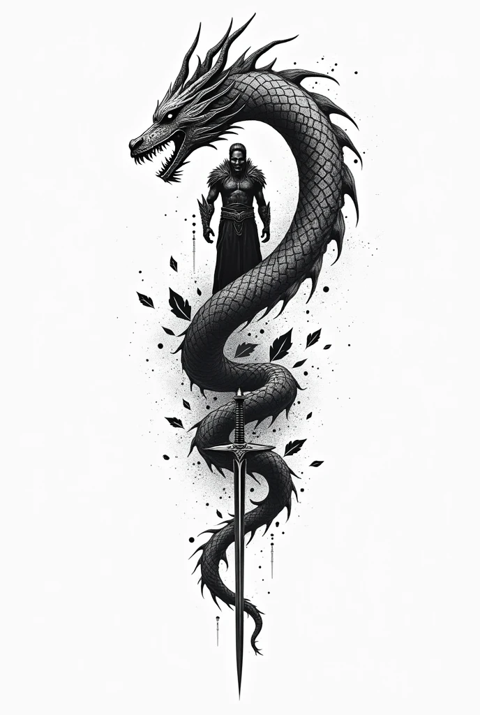 Create a Viking tattoo in black and white pointillism without so much shading and light tones in a style without much detail that could represent a warrior in a determined stance, holding a sword that pierces a serpentine figure or stylized dragon, representing Fafnir. The dragon figure could be enveloping the warrior, showing the internal and external struggle that Sigurd faced. Instead of focusing on the violence of the battle, The tattoo could symbolize Sigurd's transformation through elements such as wings, leaves or runes emerging from the dragon or the warrior himself, indicating the new knowledge and power he acquired.