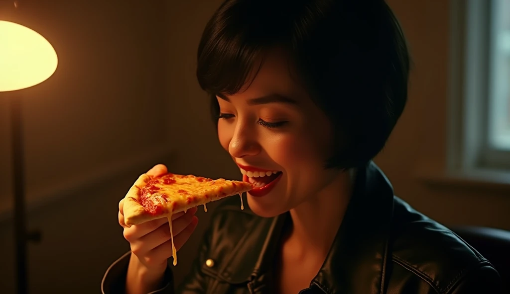 A cinematic image of a woman savoring a slice of pizza in a dimly lit room. She has an enigmatic smile, short black hair, and wears a vintage leather jacket. The lighting is dramatic, with a single warm spotlight illuminating her face and the pizza, casting soft shadows around. The pizza slice is dripping with melted cheese, and her eyes are closed, expressing a moment of pure enjoyment. The background is dark and blurred, with hints of vintage furniture. Captured with an 85mm lens, shallow depth of field, high contrast, with a film grain effect. 4K resolution, soft cinematic lighting.