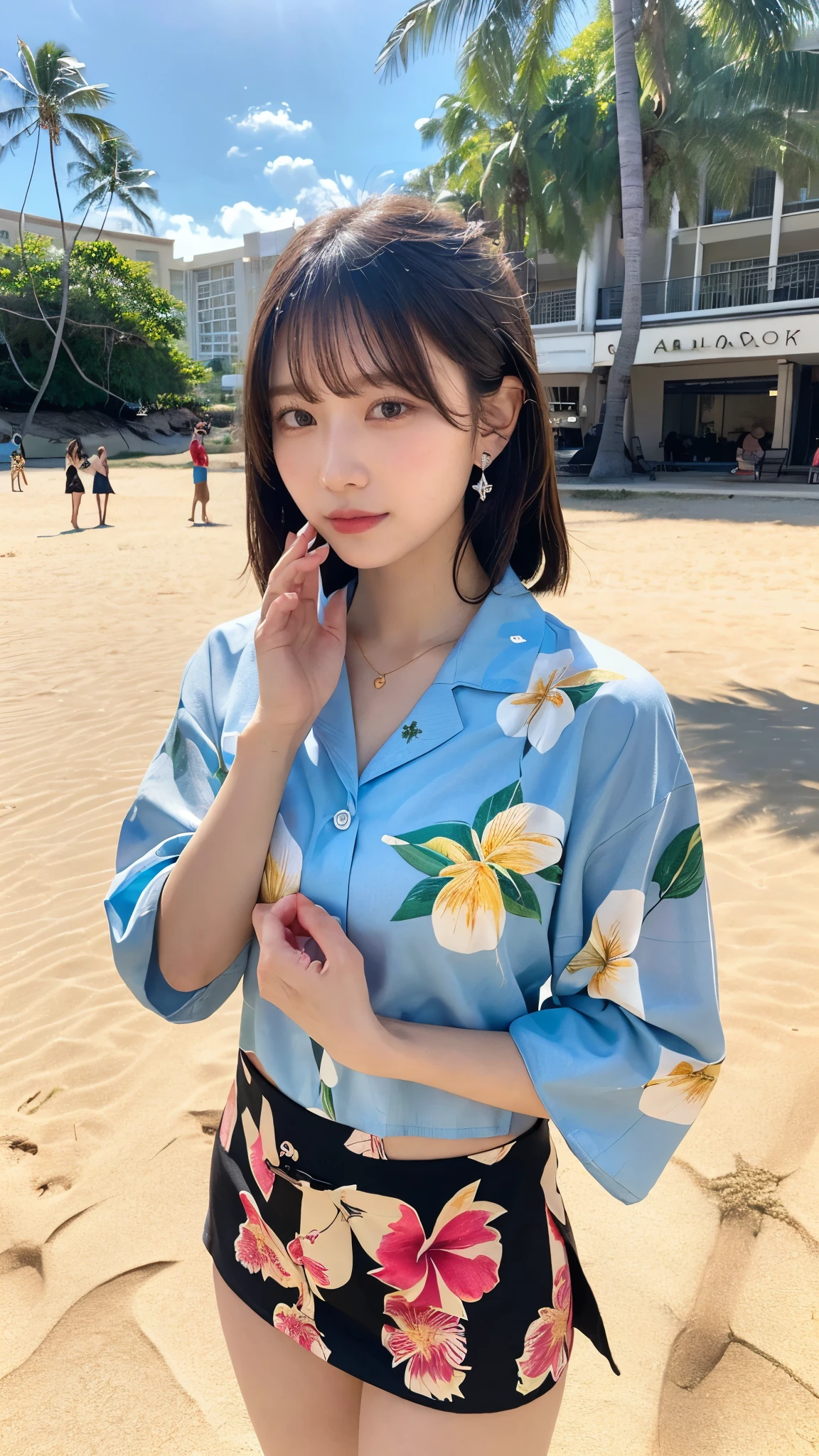 Highest qualityのリアル, Official Art, Highly detailed CG Unity 8k wallpaper,(masterpiece:1.3), (8k, Realistic, RAW Photos, Highest quality: 1.4), (1 girl), Pretty face, (Realistic Face), (Black Hair, Medium Hair:1.3), Beautiful hairstyle, Realistic eyes, fine grain, (Realistic Skin), Beautiful Skin, (On the chest), absurdists, charm, Ultra-high definition resolution, Ultra-Realistic Golden Ratio, Very detailed, Upper Body, Japanese Idols,(Aloha shirt and floral mini skirt:1.3),BREAK,Sounds good（Lol）,(Heart Necklace),(Triangle earrings for a luxury hotel),BREAK, (A gentle lol face like a goddess),(Standing on the white sand of Waikiki Beach with Diamond Head in the background:1.2),Standing position, The hem of her aloha shirt flutters in the wind、Perfect Fingers、Five fingers