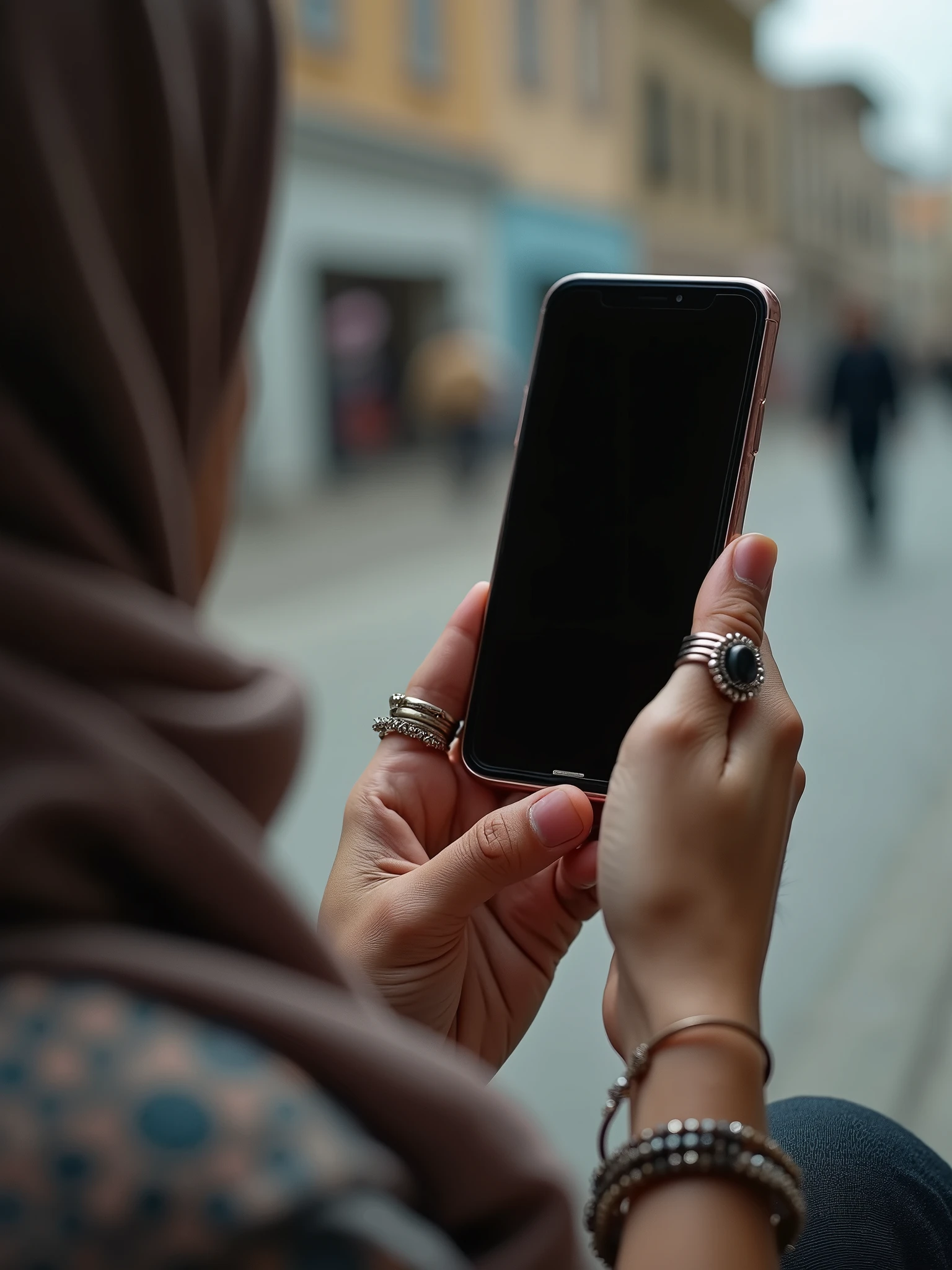 a hijabi girl taking his hands photo while she have phone on his hand in Ozbakistan that show that she is in ozbakistan clearly. Show only her hand and phone. Phone while screan is sholud be off or black only Realistik 4k.