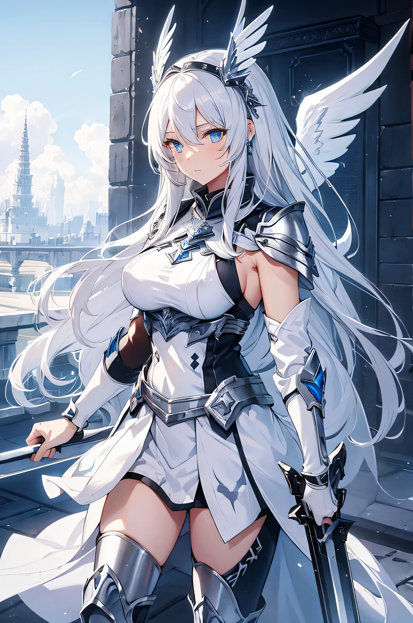 4K,High resolution,One Woman,White Hair,long hair,Blue Eyes,Valkyrie,Silver Sacred Armor,Sideboob,Silver Long Boots,Silver Gloves,Winged headgear,Jewelry decoration,Holy Sword,Temple in the Sky
