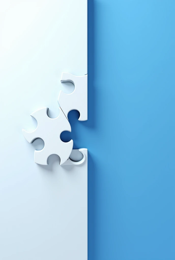 An image with half of it white and half of it blue, in the white part it must be composed of puzzle pieces with one piece missing . The blue part must not contain the spare part that completes the puzzle of the white part.